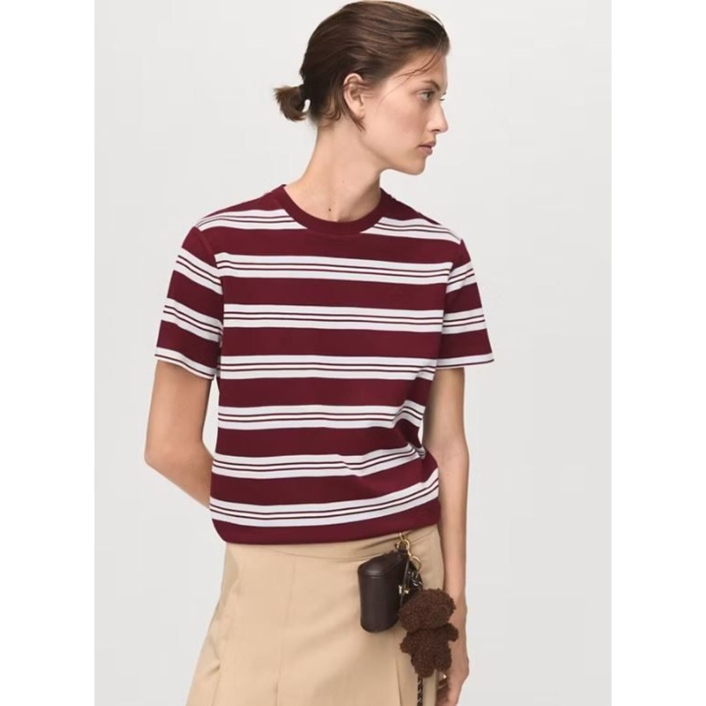 MNG Mango Striped T-Shirt Womens Small Burgundy White Short Sleeve Crew Neck